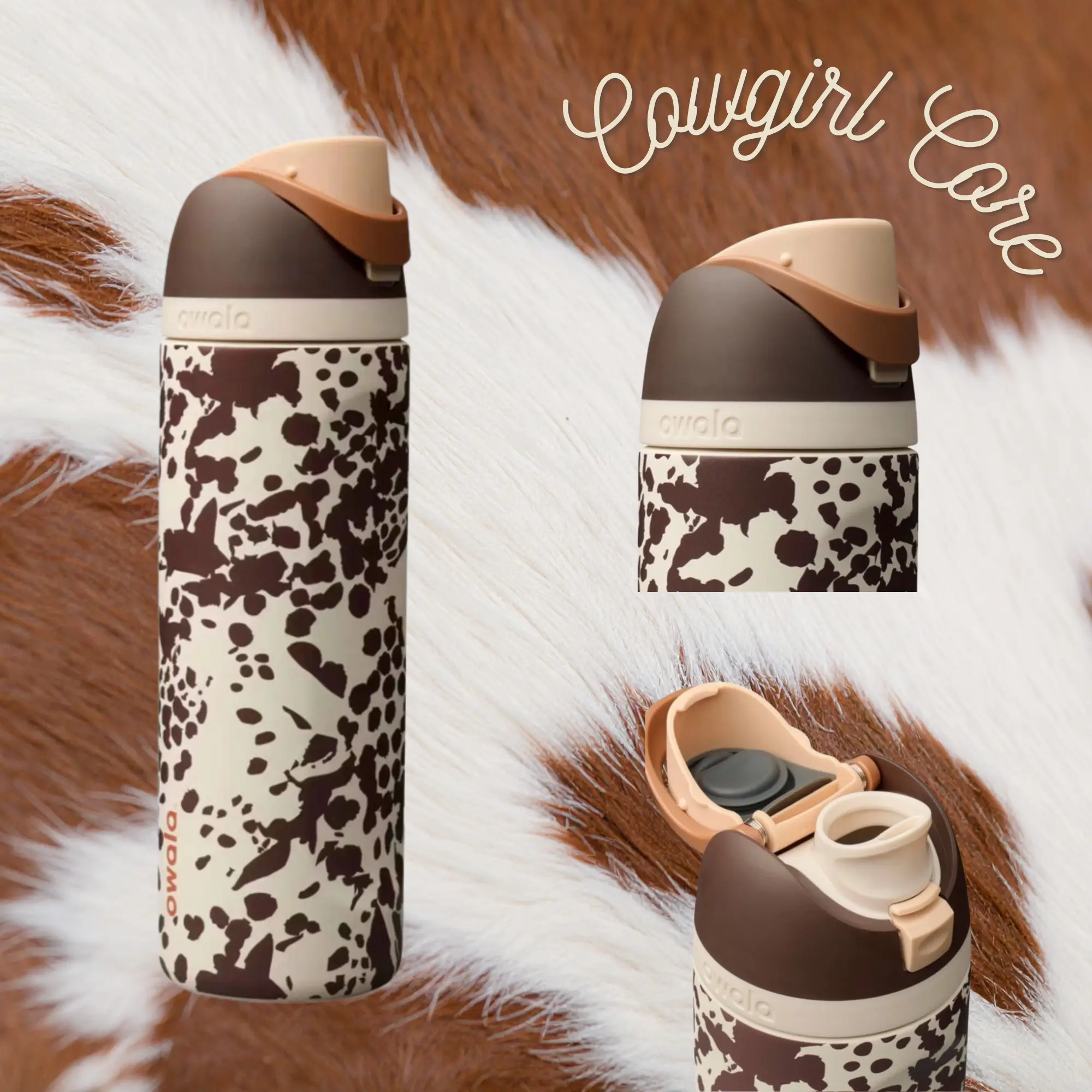 NEW Owala FreeSip Cowgirl Core Brown Cow Insulated Stainless Steel Water Bottle with Straw 32Oz, Triple Layer Vacuum Tumbler, Leak-Proof Sports Flask, Trendy Print Design