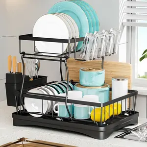 Dish Drying Rack: 2 Tier Dish Racks for Kitchen Counter and Sink - Large Dish Drying Rack with Drainboard, Utensil Holders, Mugs, Kitchen Pots & Tableware - Stainless Steel Dish Drainers Kitchen Organiser and Storage