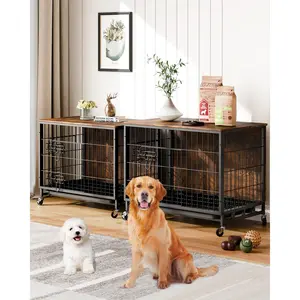 GARVEE Dog Crate Furniture, 2024 New Furniture Style Dog Crate with Removable Tray and Wheels, Heavy-Duty Double-Doors Dog Cage End Table, 38.6" Wooden Dog Kennel, Indoor Dog House for Large Dogs, Brown