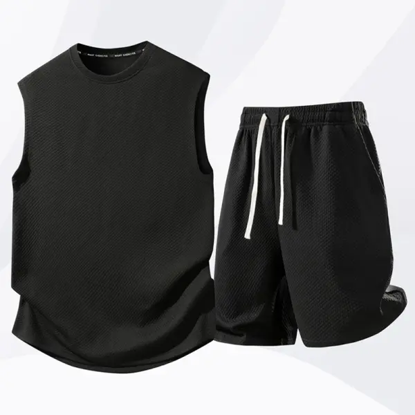 Men's Solid Color Honeycomb Texture Sleeveless Vest and Shorts Set with Drawstring Adjustment Details, Perfect for Comfort Seeking Men's Summer Homewear or Casual Street Style Pajama Set Menswear Pjs Loungewear men 2 piece sets