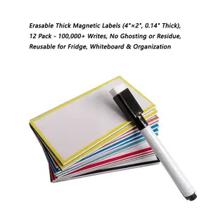 12-Piece Erasable Magnetic Stickers, 10x5cm Thick Whiteboard Magnets, Reusable 100k Times, Includes Wet Eraser Pen, Ideal for Iron Surfaces