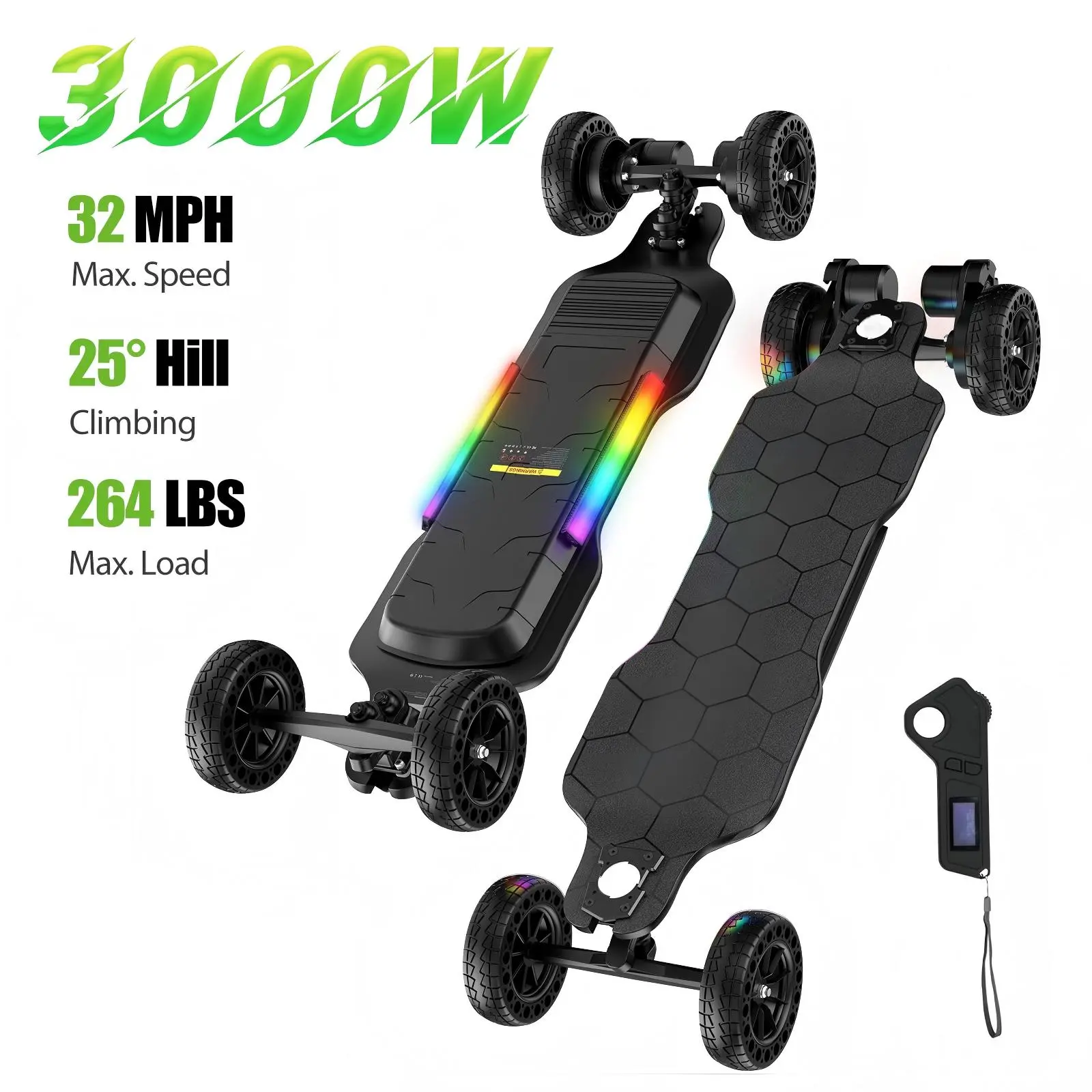 【Dealsforyou】High-Speed Electric Skateboard with Remote Control, 32MPH/30MPH/12MPH/9MPH Top Speed, 3000W/1200W/500W/450W Motor, Powerful Electric Longboard Skateboard to Scooter for Adults ＆Teens Removable Battery Quick Replacement