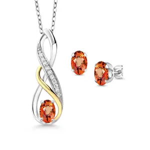 1.72 Ct Orange Sapphire E-F Lab Grown Diamond 925 Silver and 10K Yellow Gold Pendant and Earrings Jewelry Set