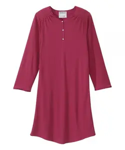 Senior Women's Nightwear Nightgown, Soft Long-Sleeve Henley with Adaptive Open Back and Snap Closures for Easy Assisted Dressing