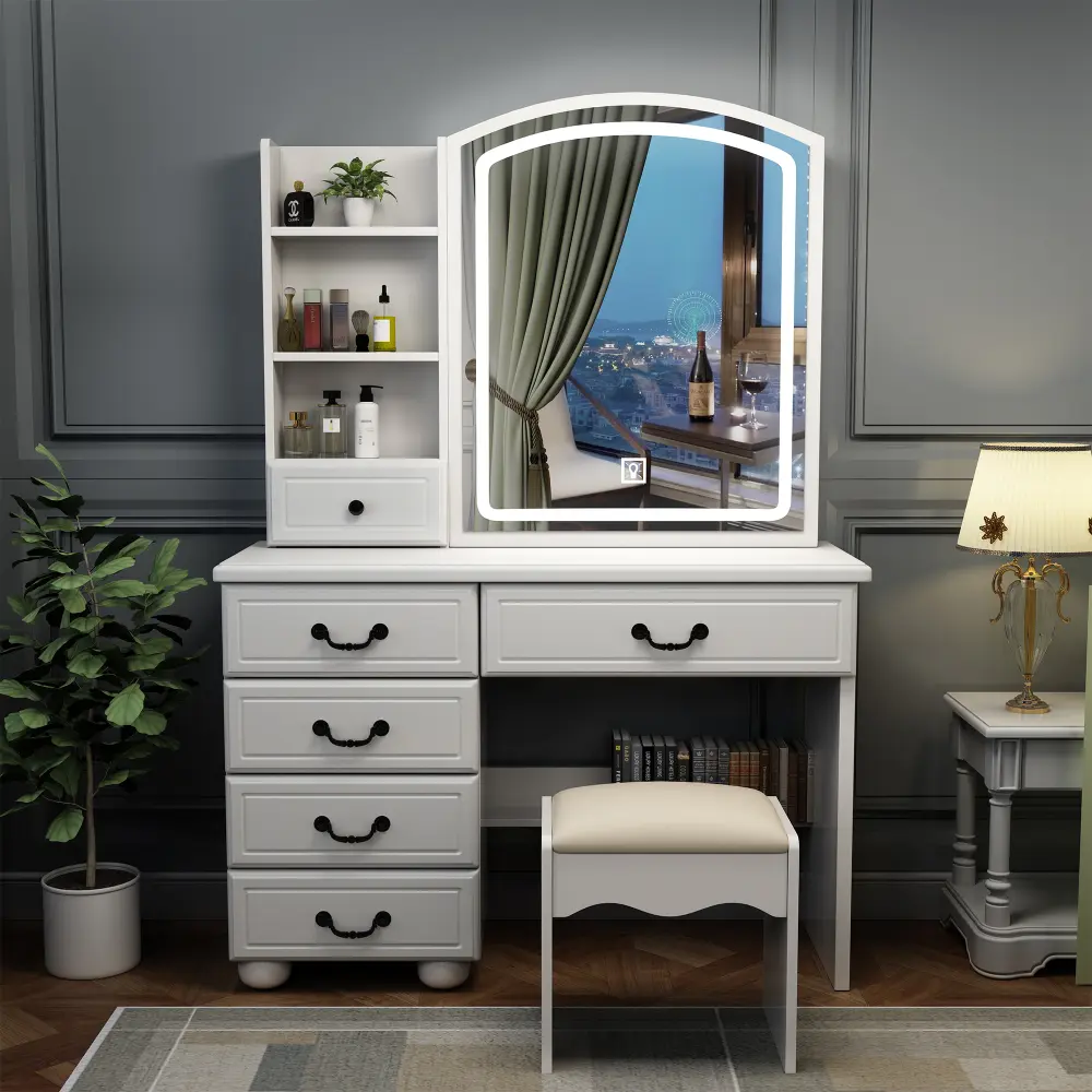 White LED Vanity with Lights and Chair Set, Mirrored Retro Furniture, Makeup Vanity Desk, 3 Light Modes, Adjustable Brightness, 6 Drawers, Built-In Mirror, Easy Assembly, Mirrored Furniture