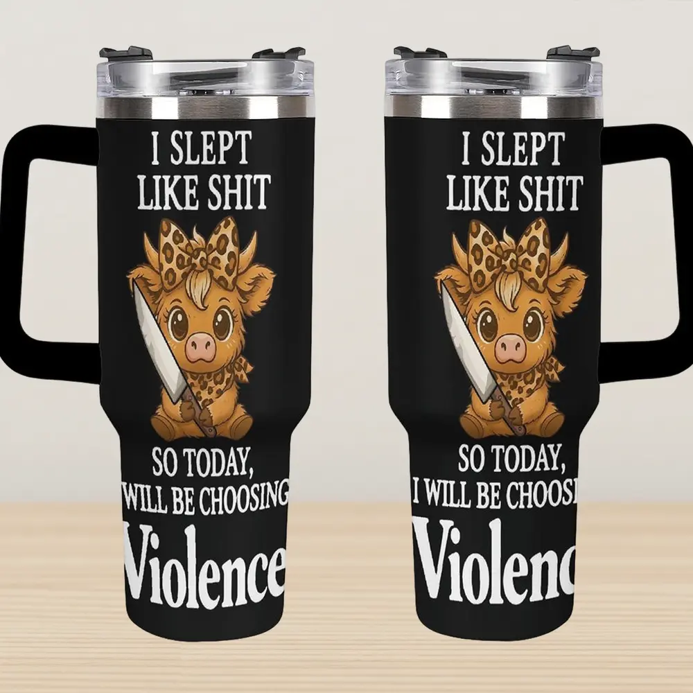Funny Highland Cow Tumbler with Sarcastic "I Slept Terrible, Today Is Coffee Mode" Quote, Double-Wall Insulated Travel Mug for Morning Hustle & Car Commute, Best Gift for Tired Moms