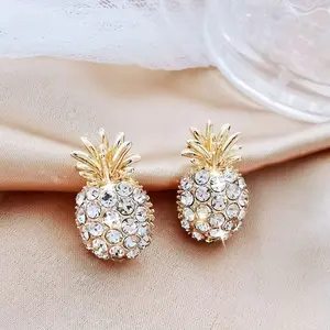 Gold Pineapple Earrings with Clear Crystals - Summer Tropical Statement Studs