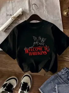 Boy And Girl Summer New Short-Sleeved Round-Neck T-Shirts. Welcome To Hawkins. Stranger Things Demogorgon Print Top. Cool, Unique, Casual And Fashionable Children's Clothing For Daily Use And Outdoor Activities, Highly Versatile.