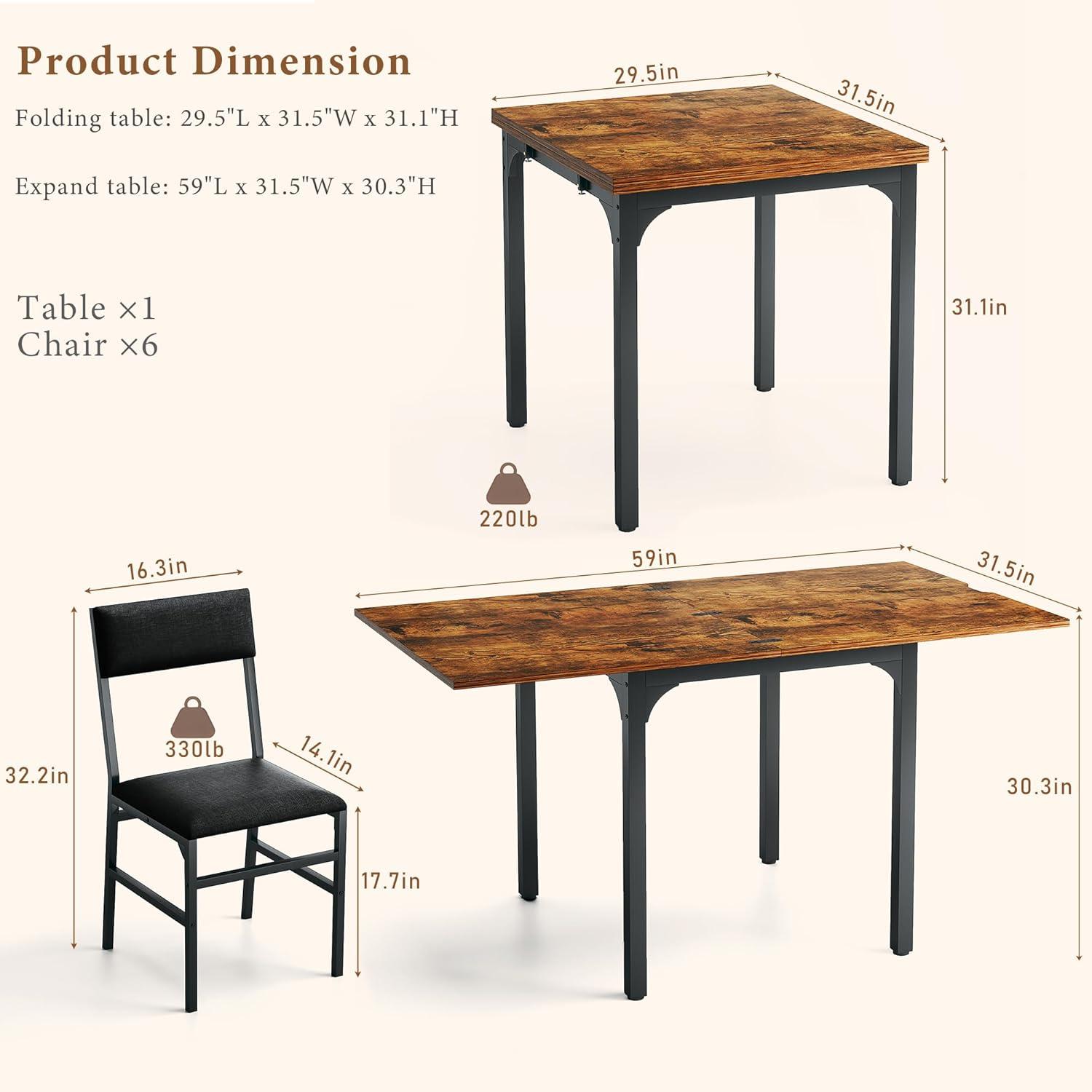 7-Piece Dining Table Set for 4-6, Extendable Kitchen Table Cushion Chairs Set of 6 with 6 Chairs, Rectangle Dining Table with Metal Frame & MDF Board, Folding for Small Apartment Saving Space, Rustic 7-Piece Dining Table Set for 4-6, Extendable Kitchen Table Cushion Chairs Set of 6 with 6 Chairs, Rectangle Dining Table with Metal Frame & MDF Board, Folding for Small Apartment Saving Space, Rustic