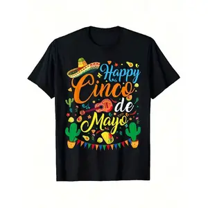 Happy Cinco De Mayo T-Shirt - Mexican Fiesta Party Tee with Sombrero, Maracas & Cactus Designs - Black Background - Soft Breathable Cotton Shirt for Men & Women - Couple Matching Outfits - Machine Washable Regular Fit Casual T Graphic Oversized