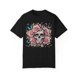 Vintage Boho Rose Skull T-shirt | Gothic Floral Skull Graphic Tee | Dark Romantic Aesthetic Streetwear Top