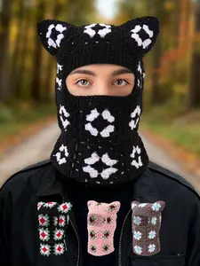 Neutral Knitted Balaclava Hat with Cute Ears, Full Face, Fashionable Matching Design, Perfect for Winter Wear, Casual Style Accessory