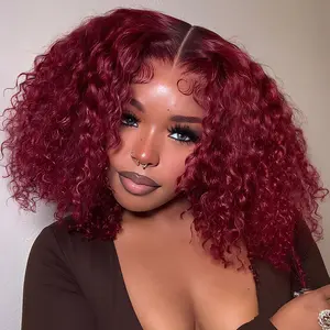 Dark Red 99J Kinky Curly Human Hair Lace Front Bob Wig Short Bob 13x6 Lace Frontal Wigs HumanHair for Women 180% Density PrePlucked With Natural Hairline HD Transparent Lace Short Bob Curly Human Hair Wigs