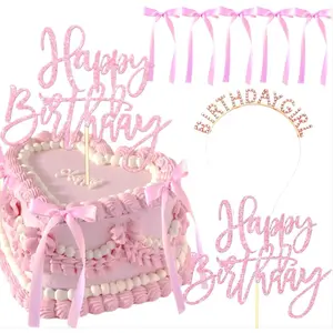 22pcs Pink Bow Cake Topper Pink Bows For Cake with Rose Gold Happy Birthday Headband for Vintage Ribbon Coquette Themed Party