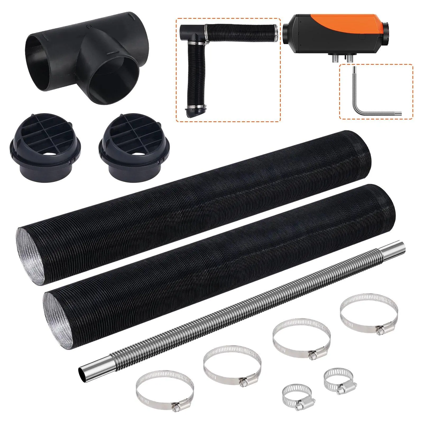 【summerfinds】VEVOR Diesel Heater Pipe Ducting Set, 3" Extendable Air Duct Hose, 1" Stainless Steel Exhaust Pipe, 2 Air Vents, Tee Air Outlet Connector and Hose Clamps, for 2KW/5KW/8KW Diesel Parking Heaters