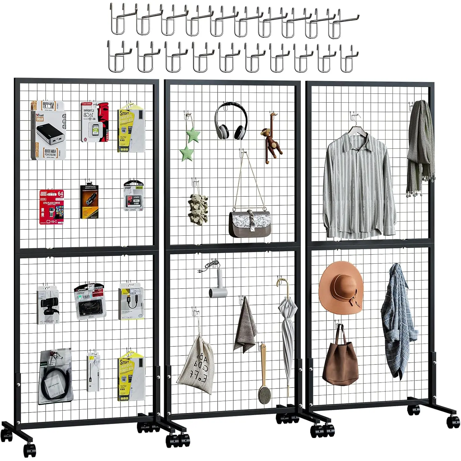 Maeklon 3 Pack Grid Wall Panel Display Stand, Wire Grid Wall Display Rack with 20 Grid Hooks, Floorstanding Art Display Panels with Wheels, for Art Craft Show, Retail Display