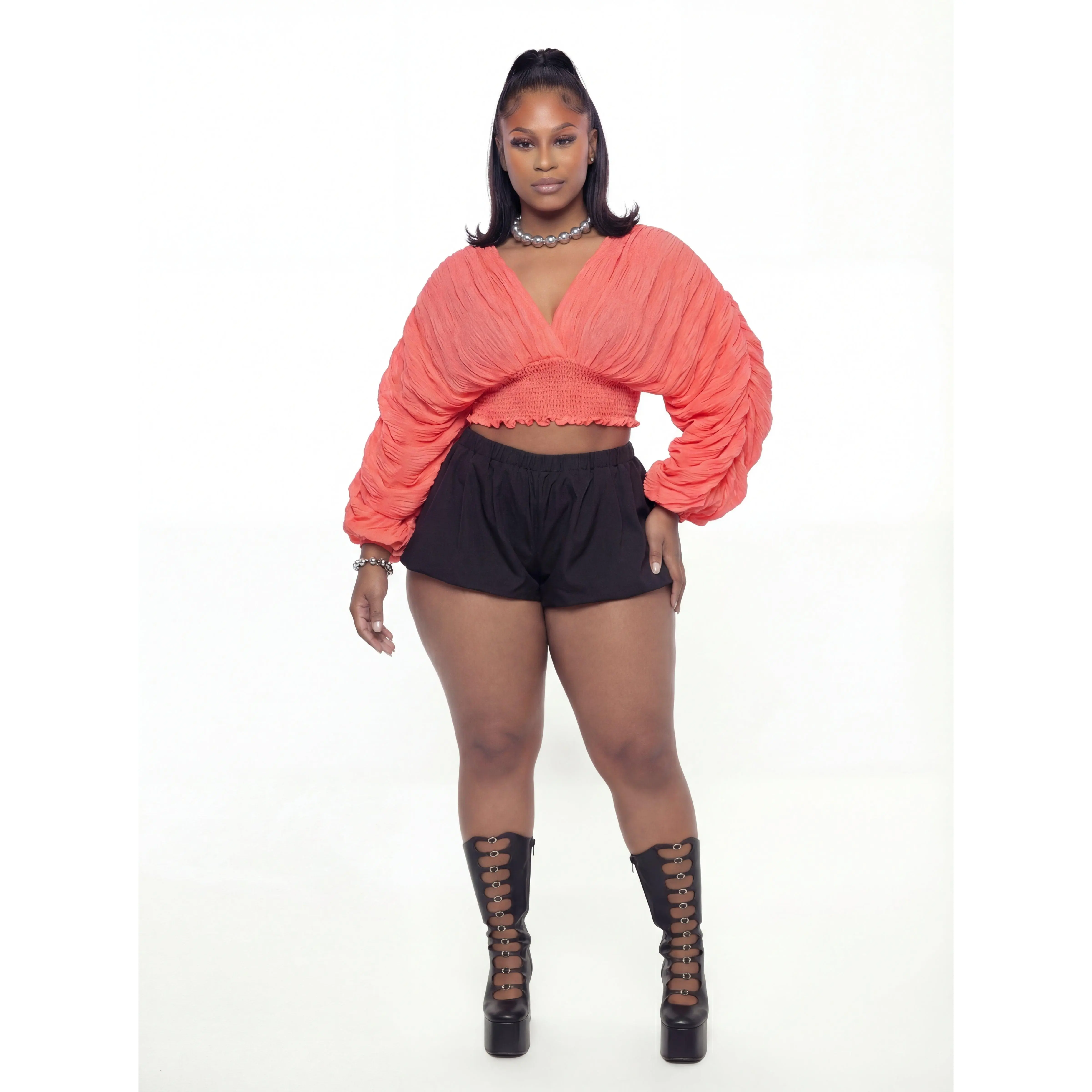 Coco Cropped Blouse (CURVE) - Coral Pink