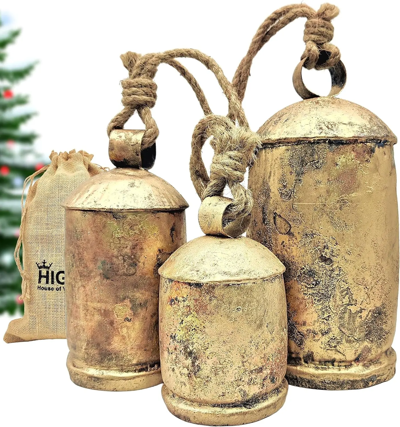 Set of 3 Giant Harmony Cow Bells Huge  Shabby Chic  Rustic Lucky Christmas Hanging XL Bells On Rope Country Rustic ()