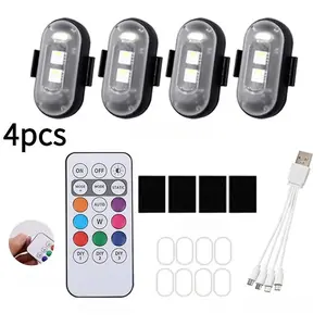 4PCS RGB LED Aircraft Strobe Lights with Remote Control, Wireless Anti-Collision Warning Flashlight, USB Rechargeable 7-Color Flashing Safety Lights for Motorcycle, Drone, E-Bike, and Car