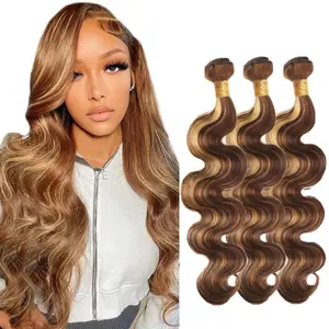 Rovess Hair【12A】P4/27 Human Hair Bundles Highlight Body Wave Bundles Human Hair(20 22 24 26 inch)12A Grade Brazilian Virgin Hair Body Wave Brown with Honey Blondy Double Weft Weave for