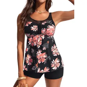 Women Two Piece Tankini Swimsuit Modest Bathing Suit Mesh Flowy Swim Top with Tummy Control Boy Shorts