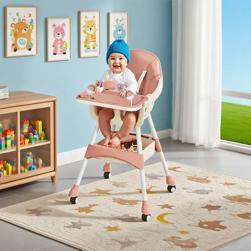 Baby High Chair,Adjustable Height,Chairs for Babies and Toddlers, Babies and Toddlers for 1+ Years Old/Detachable PU Cushion/Locking Wheels