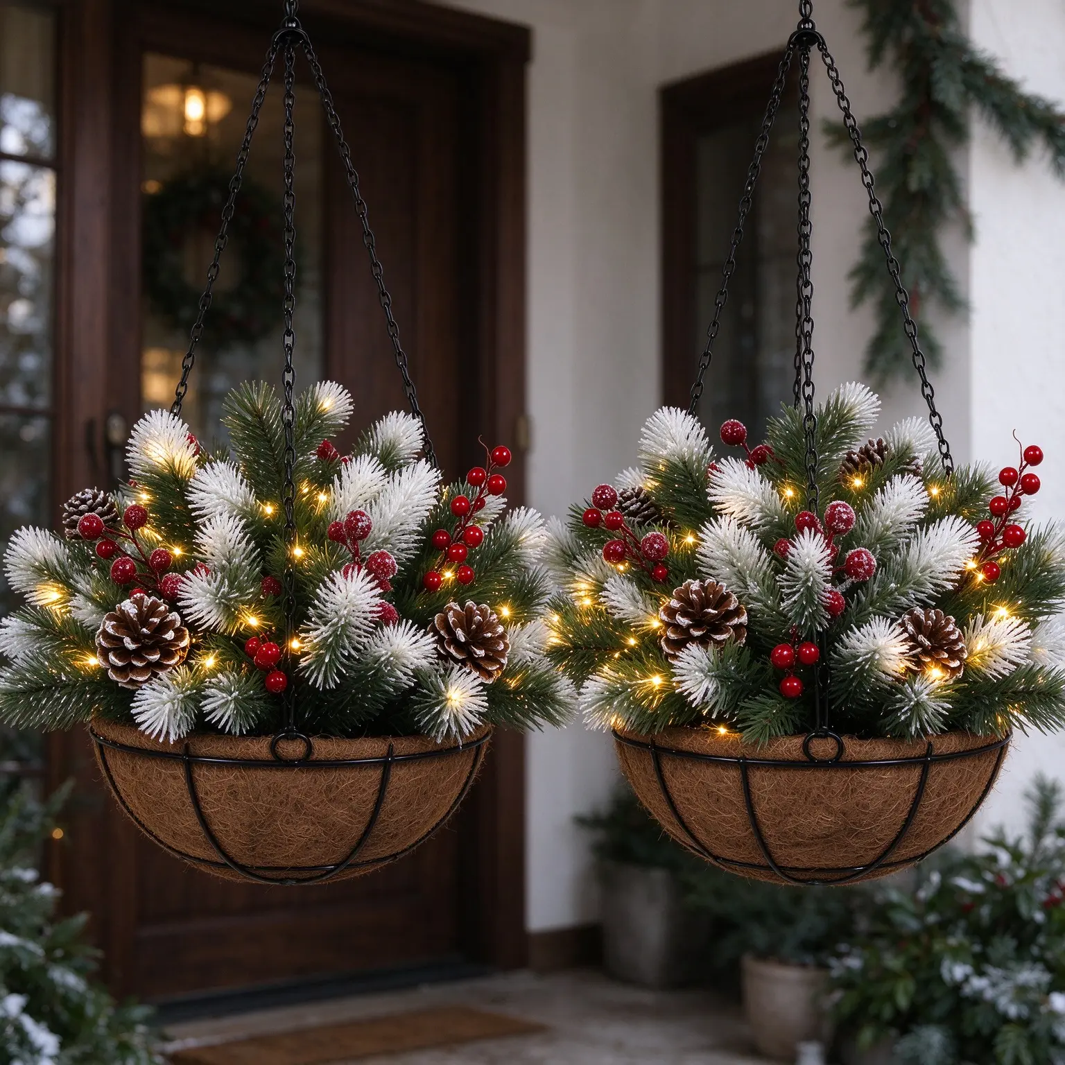2PCS Pre-Lit Artificial Christmas Hanging Basket with Frosted Pine Cones & Red Berry Clusters, LED Lights, Outside Porch Front Door, Indoor Outdoor Home Decor, Christmas Decor 2026