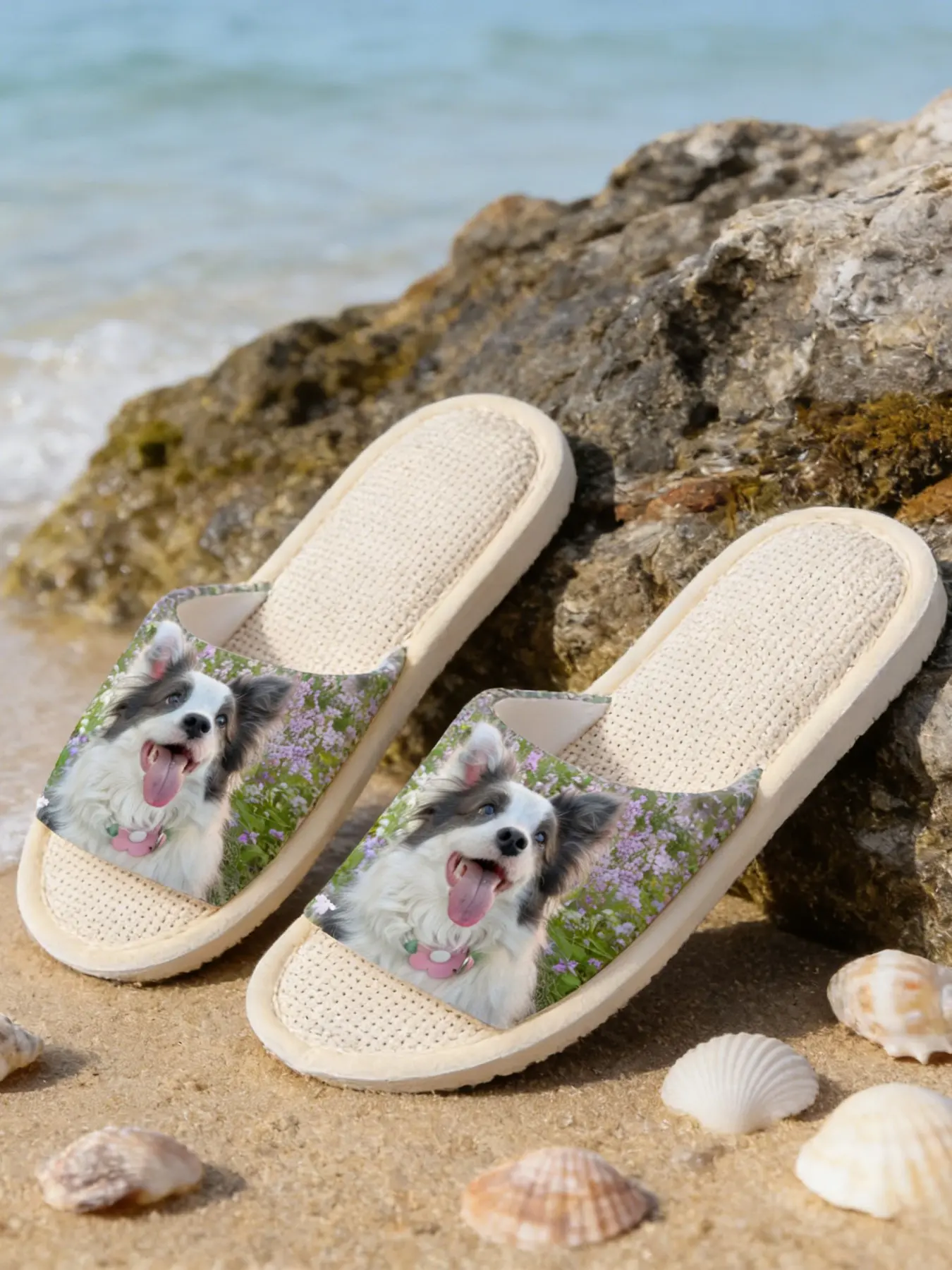 Unisex Floral Edge Poodle Sandals, Linen Breathable Insole, Soft Elastic Thick Sole, Casual Vacation Slippers for Men and Women