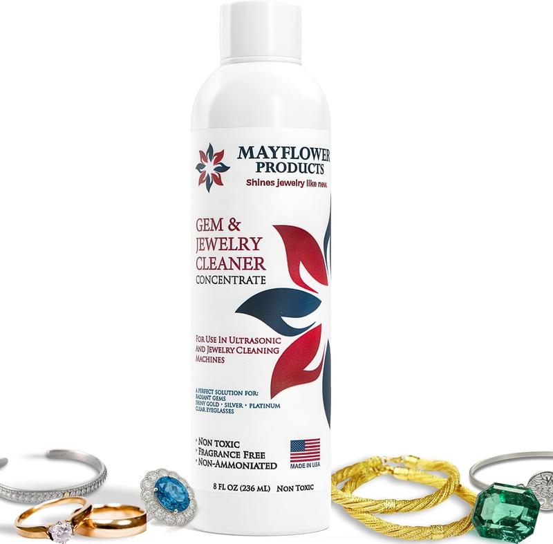 Mayflower Jewelry Cleaner for Ultrasonic Machine Made in USA Non Toxic Tarnish Remover Solution Concentrate 2-pack for Cleaning Gems Diamond Rings Silver Gold and Platinum. Cleans Eyeglasses
