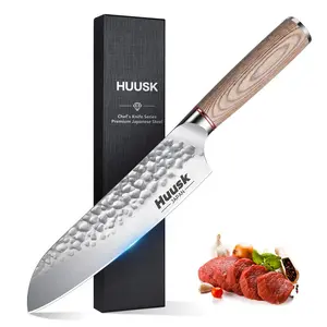 Huusk Japan Santoku Chef Knife - 7-Inch Professional Hand Forged High Carbon Steel Kitchen Knife, Japanese Santoku Knife for Meat Vegetables - Wood Handle, BlackFriday/Christmas gifts