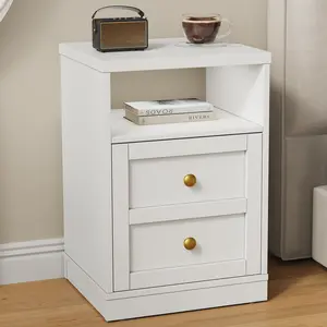 RoyalCraft Nightstand with Storage Shelf and Door, Faux Two-drawer Design Side Table , Modern Night Stand for Bedroom Dorm, Wood End Table for Living Room Small Spaces