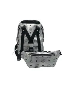 Pre-owned MCM Silver Visetos Monogram Backpack with Matching Waist Bag/ee05120201/0201