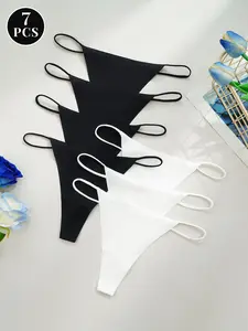7/10 Pack Low Waist Ice Silk Sexy Thin Strap Seamless Sports Women's Thong Underwear, Slim-Fitting Plain Design for All Seasons