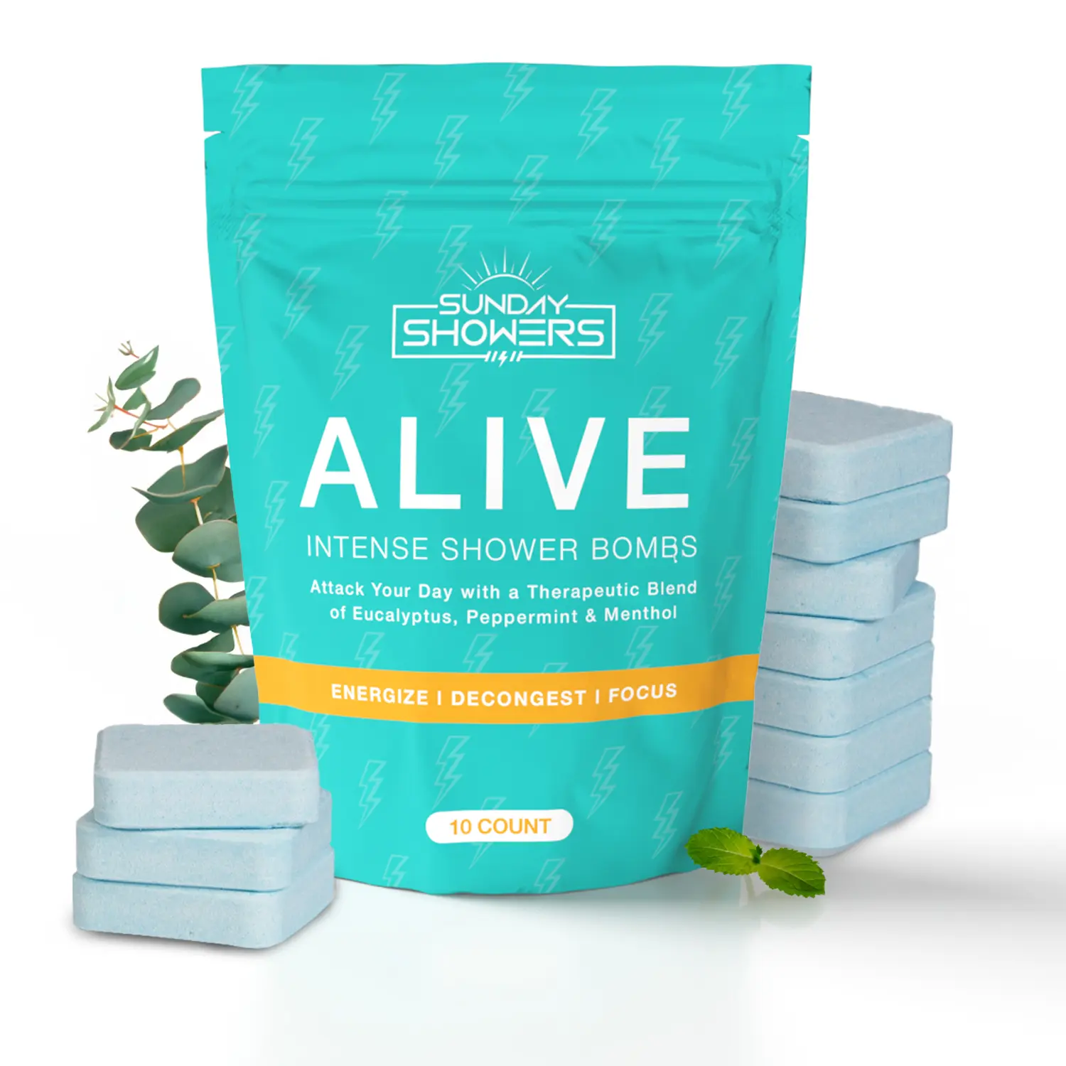 Sunday Showers - ALIVE Shower Bomb - Energize, Decongest, and Focus with just a shower.  Eucalyptus and Peppermint Essential Oil with Menthol. Vegan and Cruelty Free. Made in USA Natural Paraben Free
