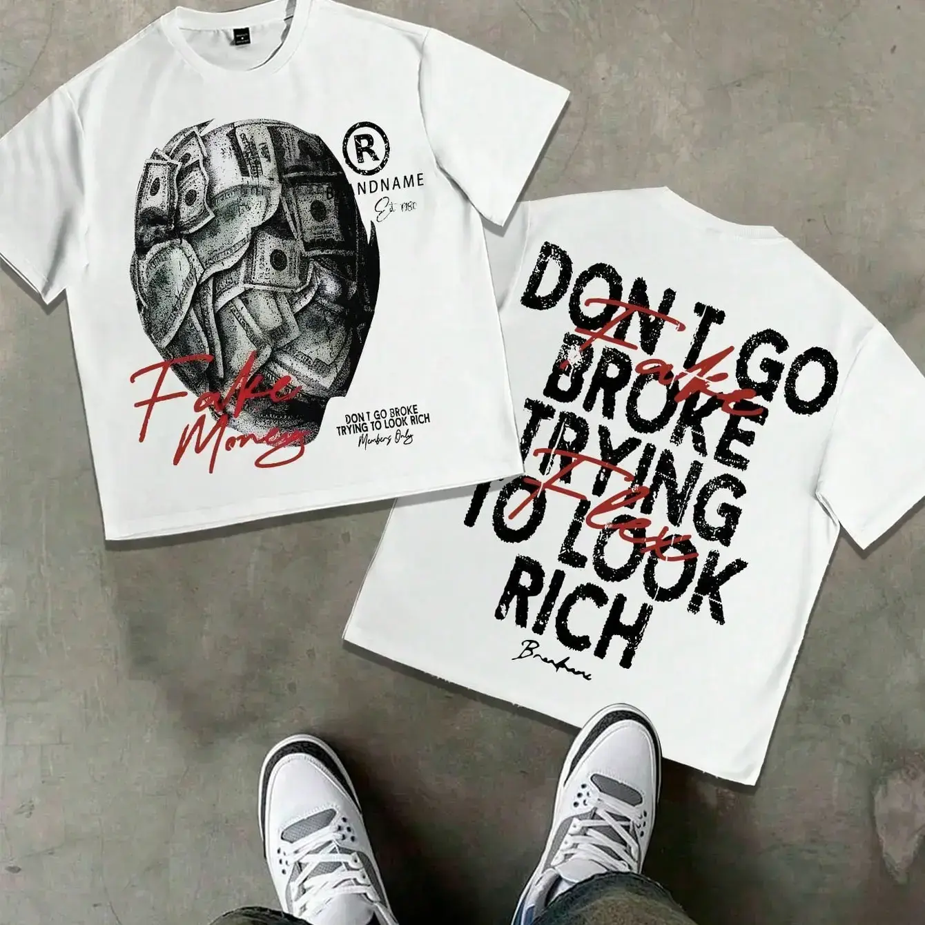 Men's Oversized Cotton Short-Sleeve T-Shirt - Hip Hop Urban Theme Streetwear, Multi-Size, 'Fake Money' Skull Print & 'Don't Go Broke' Graphic
