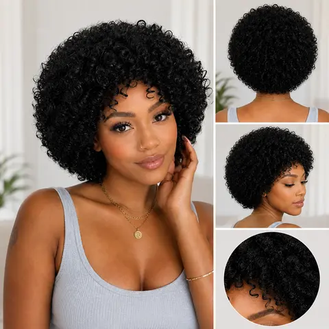 WENYAN Human Hair Glueless Black Wig, Female 23"x16"x5.5" Short Afro Coily Curly Wear-and-Go Machine-Made Full & Fluffy Long-Lasting Piece for Daily Wear | Shani Wigs On Sale