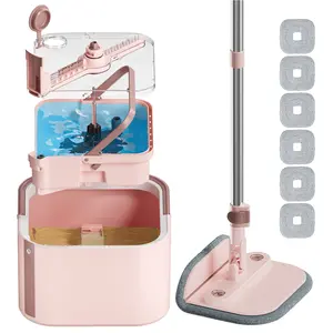 KZKR Pink Mop Spin Mop and Bucket Set, Clean & Dirty Water Separation,Self Wringing Mop for Easy Floor Cleaning, Pet Hair Baseboard Cleaning, Detachable Inner Bucket, Self-Standing, Adjustable Handle Rotatable 360° Mop Head, with Brush floor cleaning