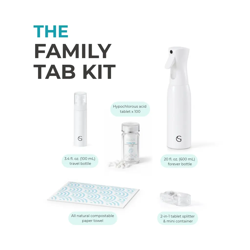THE FAMILY KIT | 100 HOCl Tablets with Refillable Spray Bottle - Multi-Surface Household Cleaner - Babies, Kids & Pet Friendly