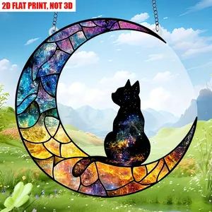 2D Enchanting Black Cat Curved Moon Acrylic Sun Catcher, Bohemian Style Moonlight Cat Pendant, Perfect Gift for Any Occasion, Suitable for Home Decoration, Flower Wreath Center Decoration, Window and Porch Decoration, Animal Hanging