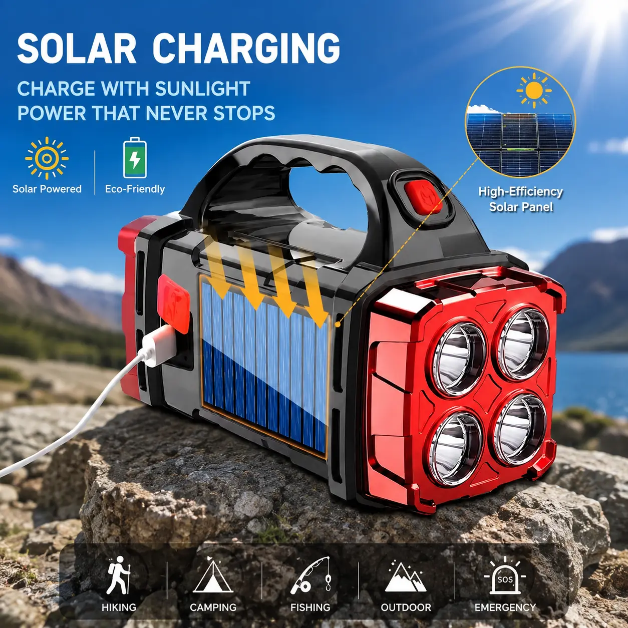 Rechargeable Flashlights - Portable Emergency Light, Double Ended ABS Body Solar USB LED Torch with Power Bank Function, Long-Lasting Battery for Camping, Car Repairs, Flood & Spot Lighting High Powered Flashlight Rechargeable Flashlights High Lumens