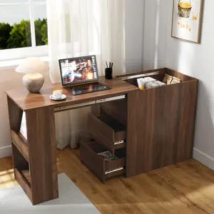 Home Office Desk with Drawers and Hidden Storage Space, Computer Desk with extendable Table, Writing Desk Workstation for Office Dorm Apartment, Walnut