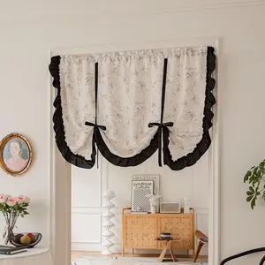 Vintage-inspired Door Curtain, Dahlia Embroidery Door Curtain with Ruffle Trim, Household Textiles for Home Living Room Bedroom Hotel, Home Decoration Curtain