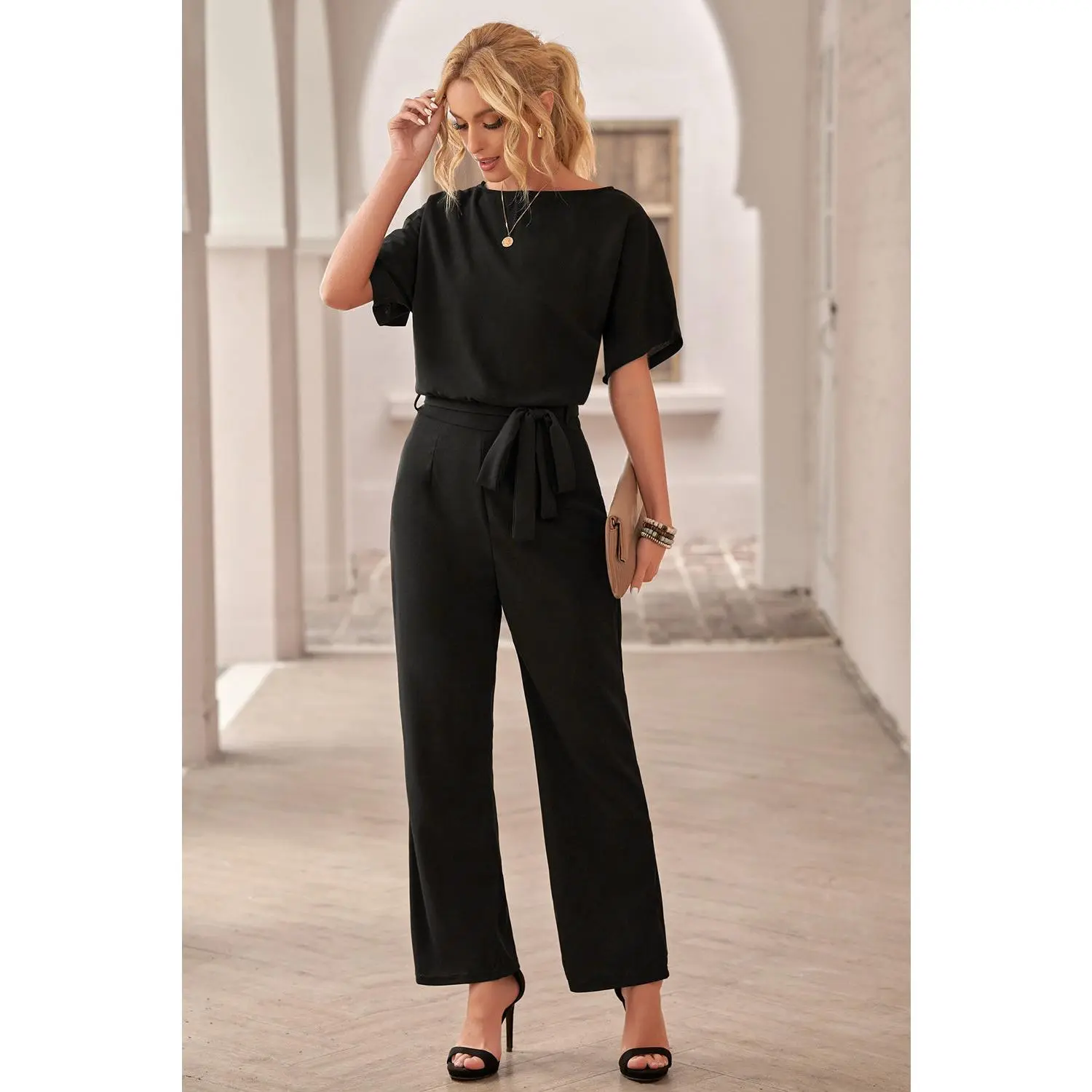 Black Dolman Sleeve Belted Straight Leg Jumpsuit
