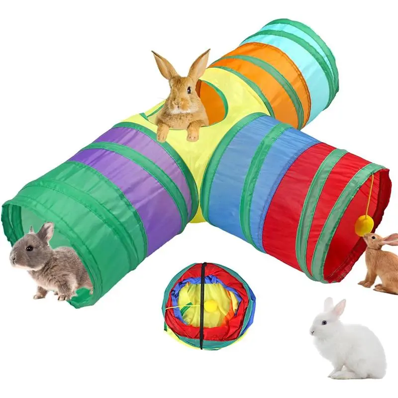 Collapsible 3-Way Rabbit Tunnel, Interactive Toy for Dwarf Rabbit, Guinea Pig, Kitty
