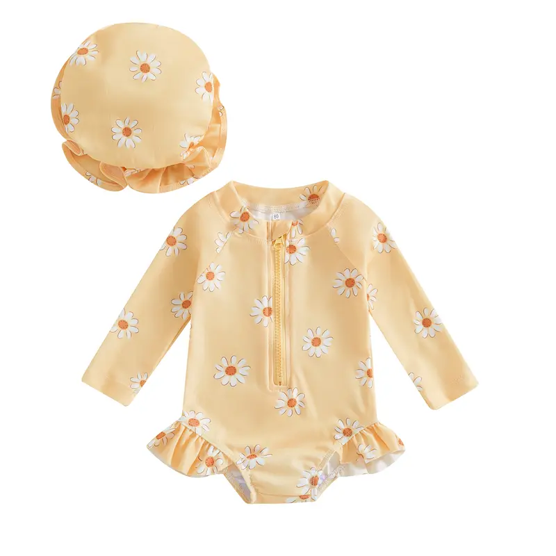 Canrulo Toddler Baby Girls Summer Swimming Clothes Long Sleeve Floral Ruffle Zipped  Swimsuit with Hat Beachwear