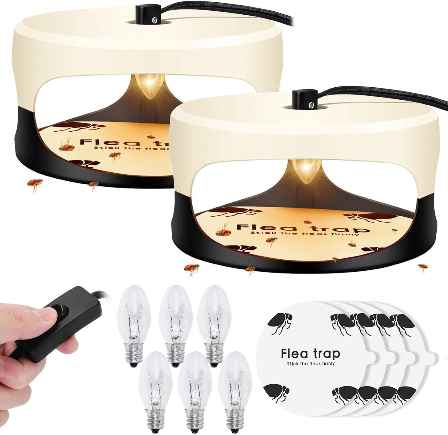 Flea Traps for Inside Your Home 2 Packs, Flea Trap Indoor Pest Control Trapper Insect Killer with Light, Sticky Bed Bug Natural with 4 Glue Disc Refills and 4 Lightbulbs