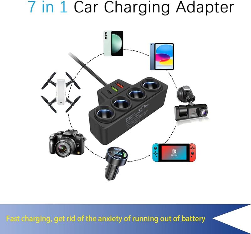 120W Multi-Function Cigarette Lighter Splitter, Cell Phone Car Charger, 4 Cigarette Lighter Sockets, 1 PD Fast Charger Port 2-Port USB Power Adapter for Cell Phones Adapter																	