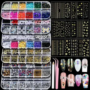 Mega Set! 15 Sheets Gold Nail Stickers & 6 Boxes of Rhinestones | 3D Nail Decals & Pearls for Complete Nail Art