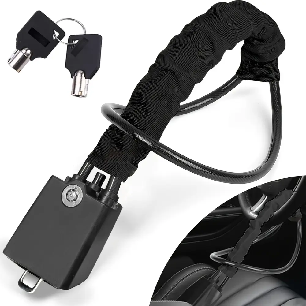Car Steering Wheel Lock, Thick Braided Steel Cable Anti-theft Lock, Anti-drill Anti-saw Durable, Easy Operation No Battery Needed, with Two Keys, Universal for Cars, SUVs, RVs, Trucks, Anti-pry Anti-violent Damage, Vehicle Security Product