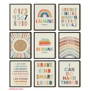 9-Piece Set, Baby Alphabet 123 Wall Art Collection, Number Rainbow Canvas Poster Prints, Children's ABC Positive Affirmation Wall Decor, Suitable for Kids' Room/Nursery/Bedroom Home Decor, Frameless, Artistic Wall Decoration